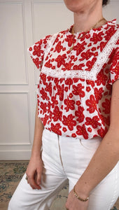 Poppy Red and White Floral Top