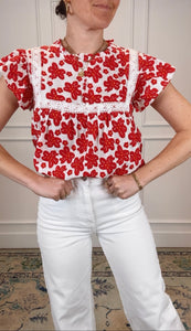 Poppy Red and White Floral Top